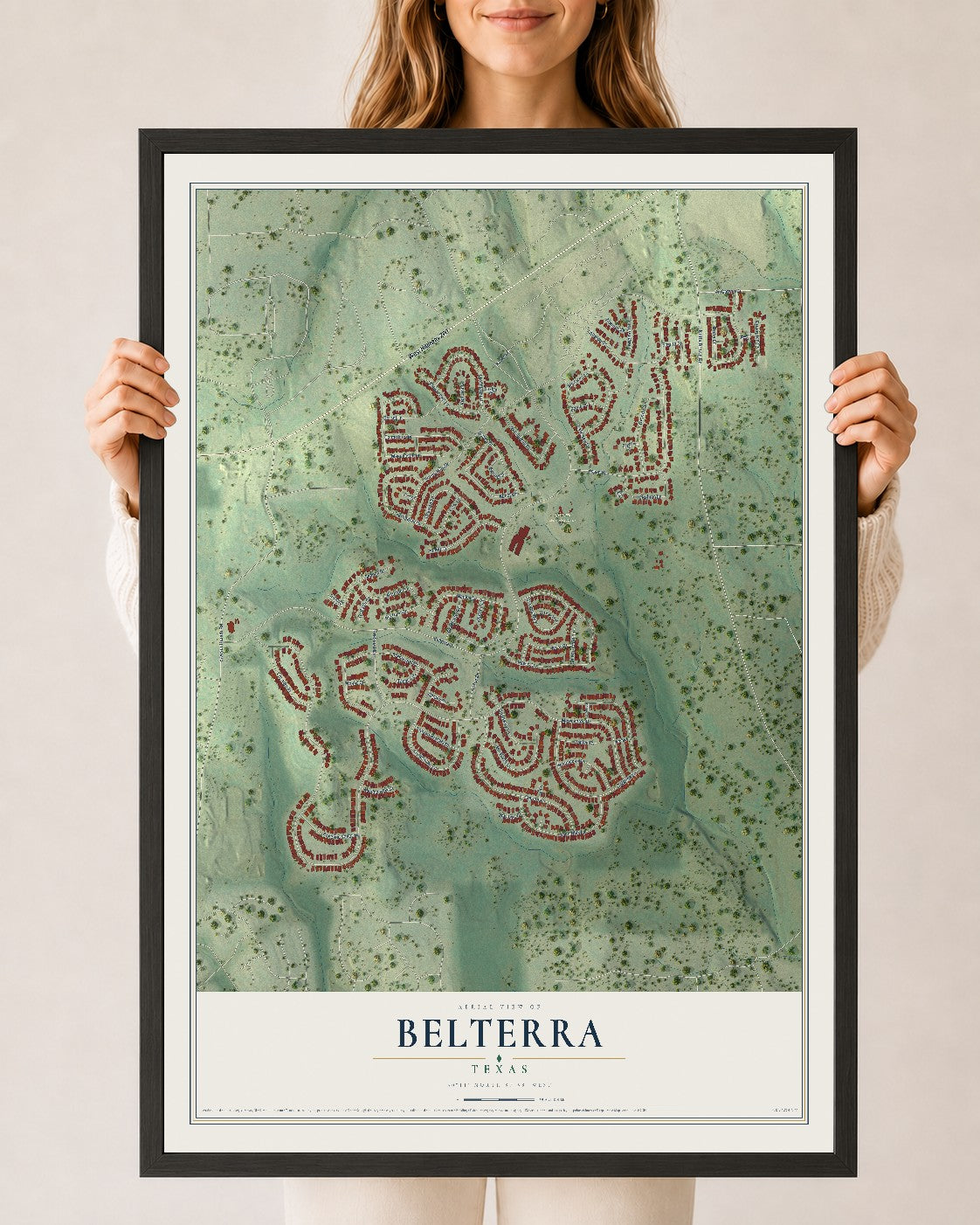 Map of Belterra, Texas, 24 x 36 inch print in a black wood frame