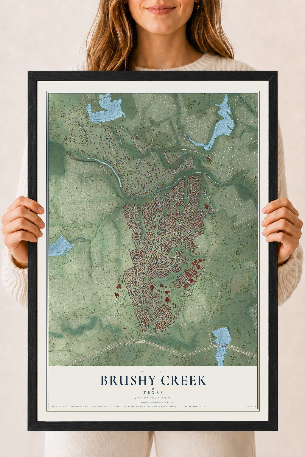 Map of Brushy Creek, Texas, 18 x 24 inch print in a black wood frame