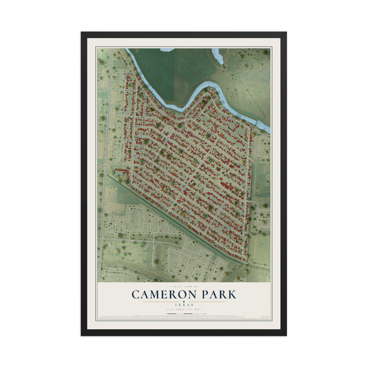 Map of Cameron Park, Texas, 12 x 18 inch print in a black wood frame
