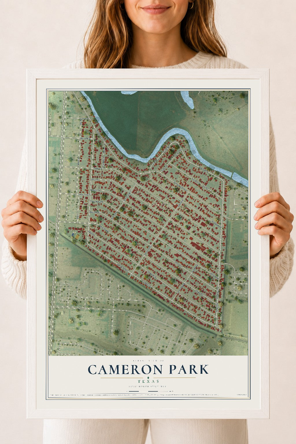 Map of Cameron Park, Texas, 18 x 24 inch print in a white wood frame