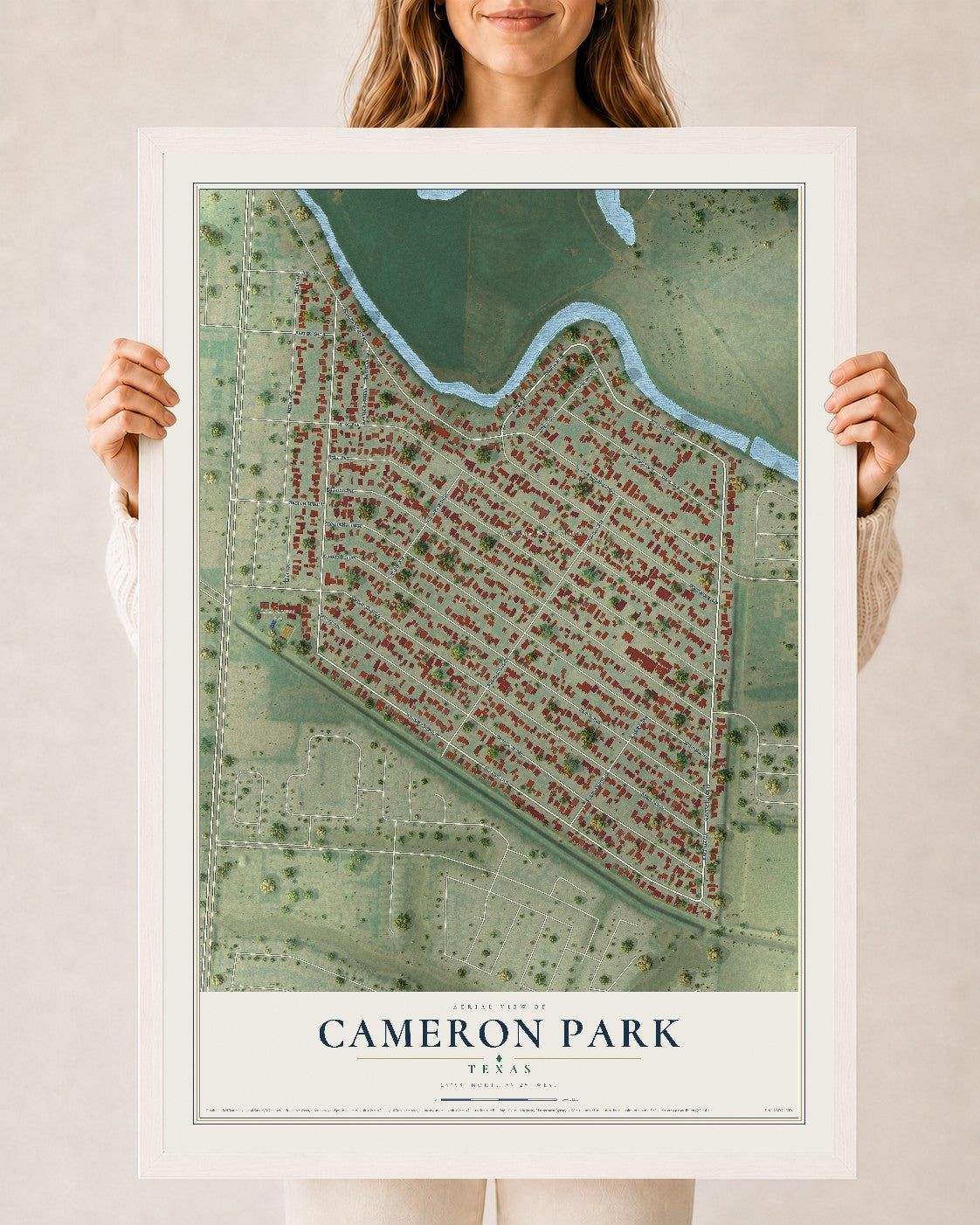 Map of Cameron Park, Texas, 24 x 36 inch print in a white wood frame