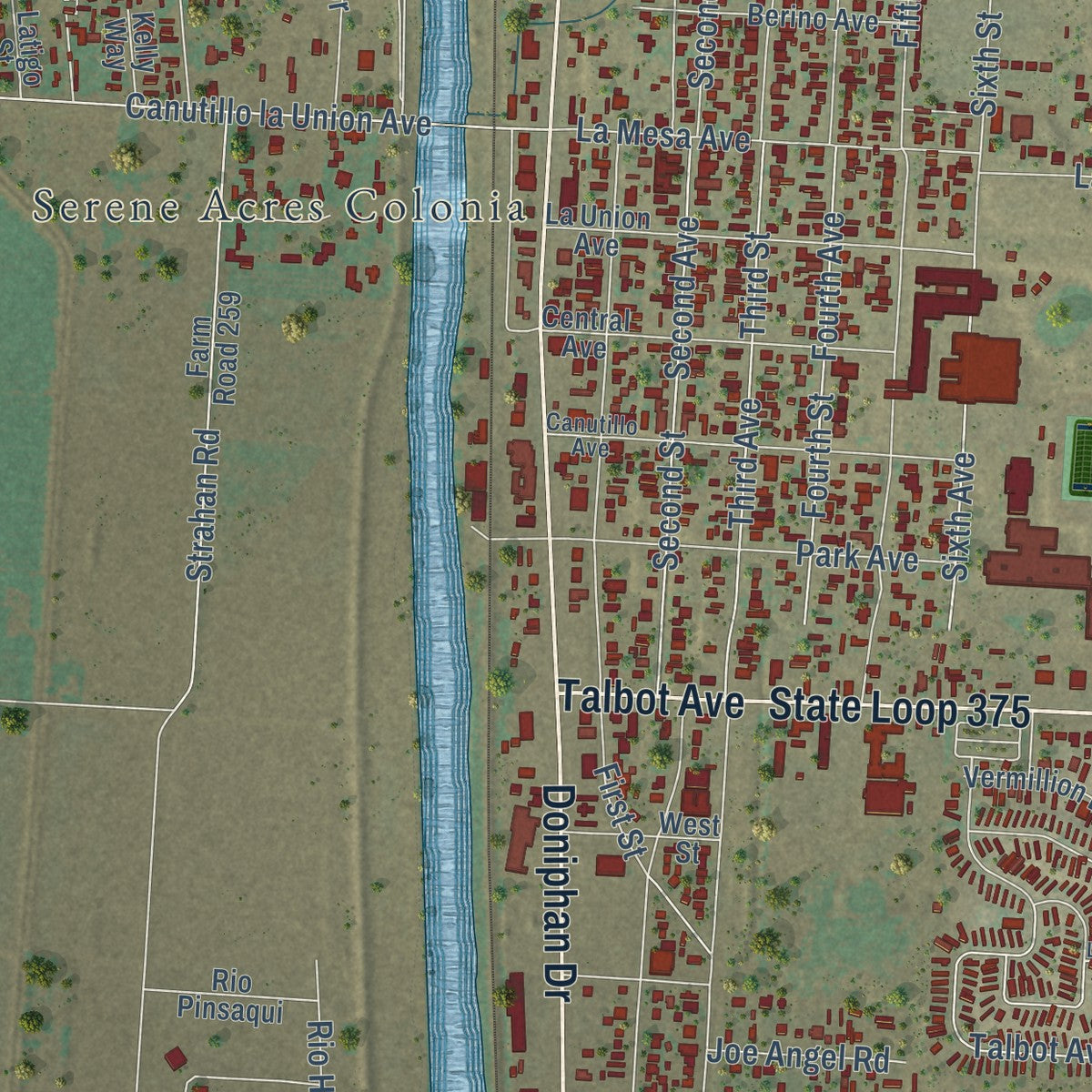 Second close-up of the map of Canutillo, Texas print showing more streets and buildings