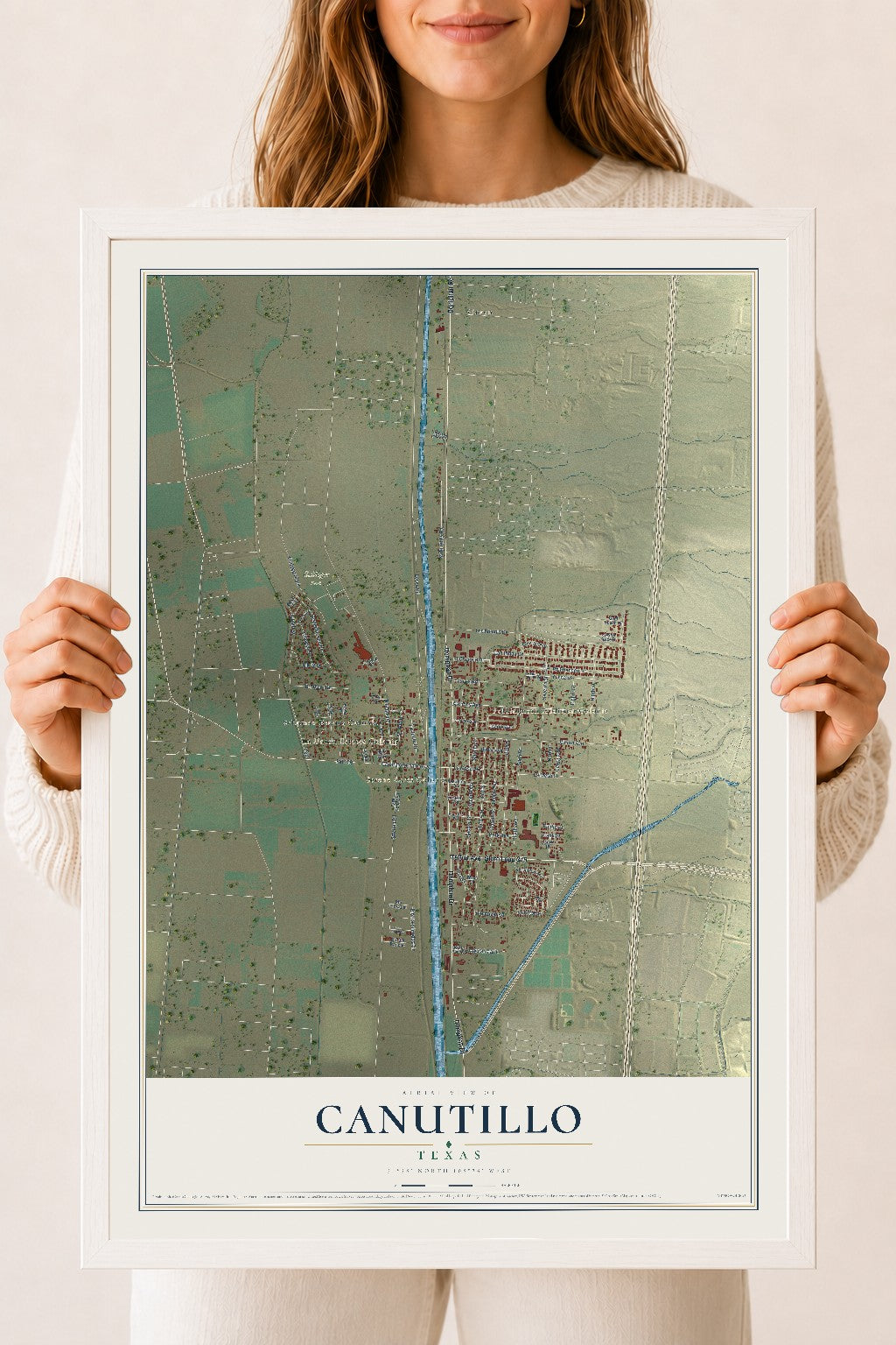 Map of Canutillo, Texas, 18 x 24 inch print in a white wood frame