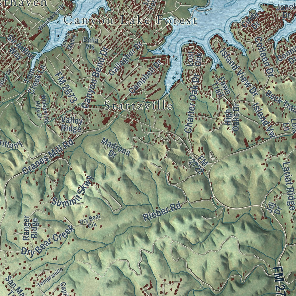 Close-up of the map of Canyon Lake, Texas print showing street and building detail