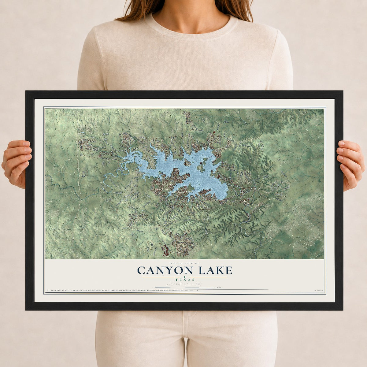 Map of Canyon Lake, Texas, 12 x 18 inch print in a black wood frame