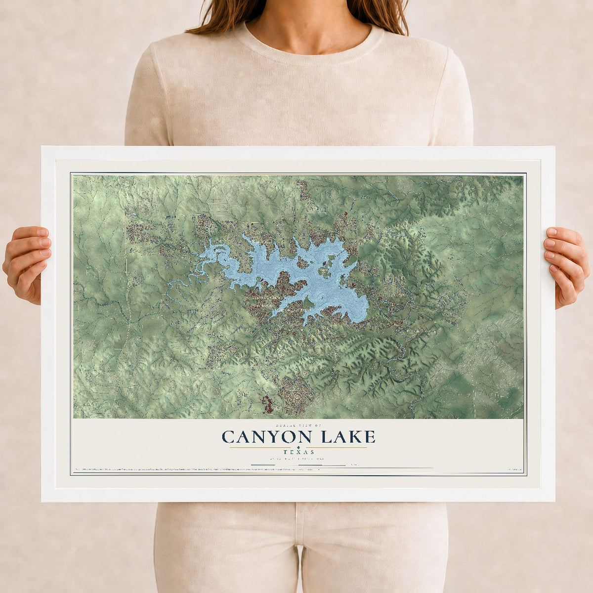 Map of Canyon Lake, Texas, 12 x 18 inch print in a white wood frame