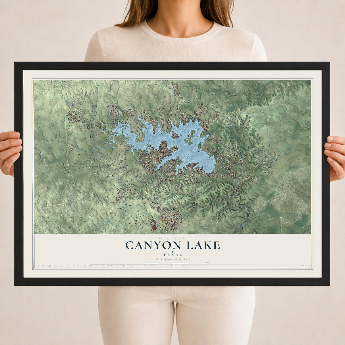 Map of Canyon Lake, Texas, 18 x 24 inch print in a black wood frame