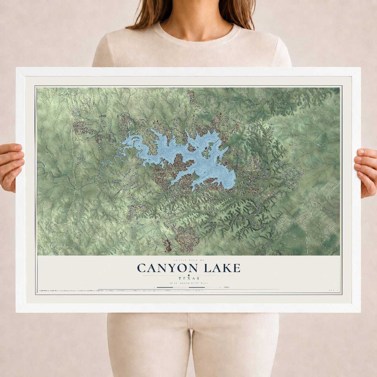 Map of Canyon Lake, Texas, 18 x 24 inch print in a white wood frame