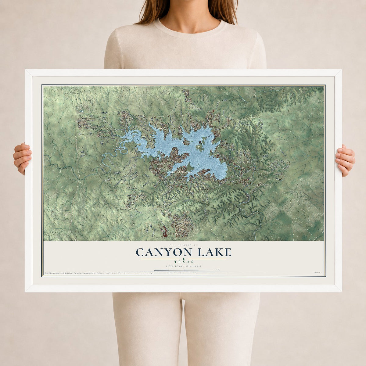 Map of Canyon Lake, Texas, 24 x 36 inch print in a white wood frame