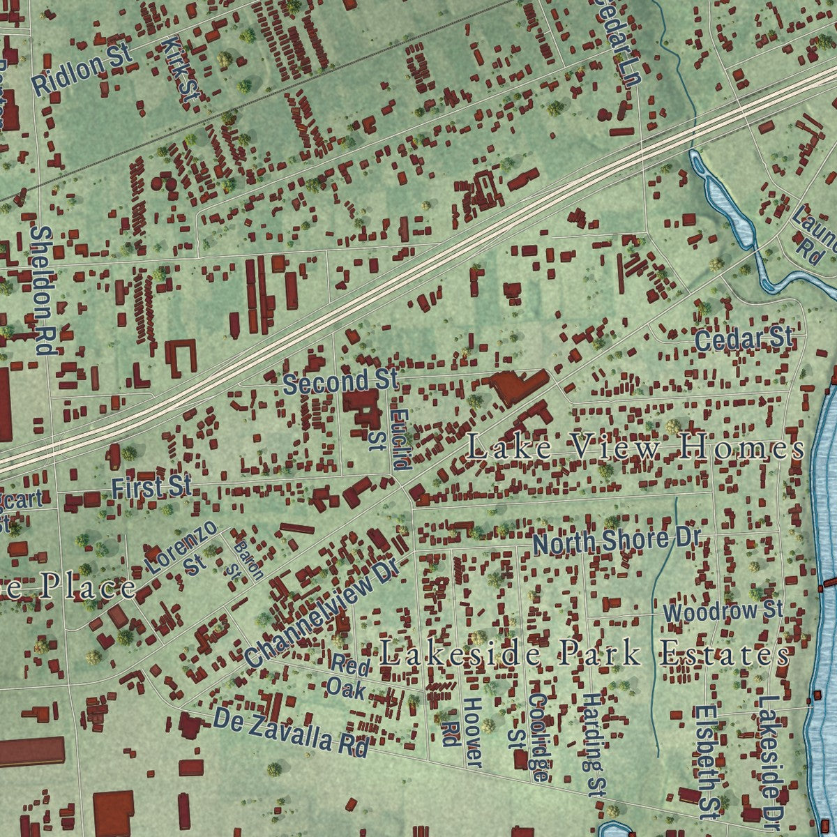 Second close-up of the map of Channelview, Texas print showing more streets and buildings