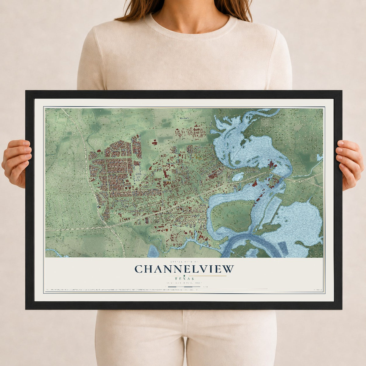 Map of Channelview, Texas, 12 x 18 inch print in a black wood frame