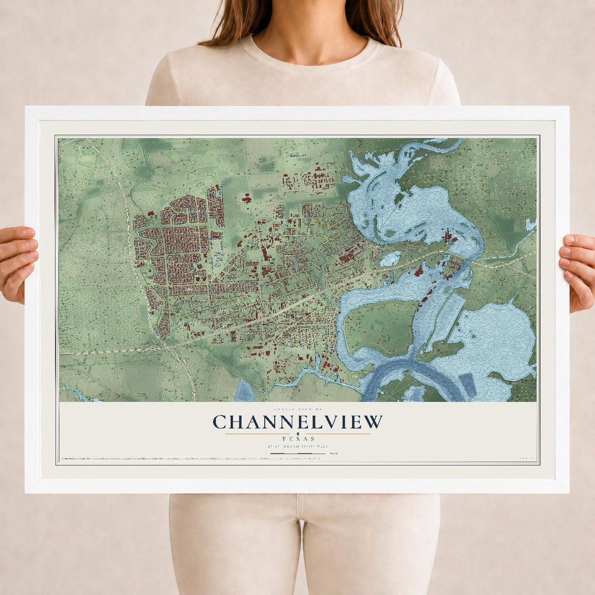Map of Channelview, Texas, 18 x 24 inch print in a white wood frame
