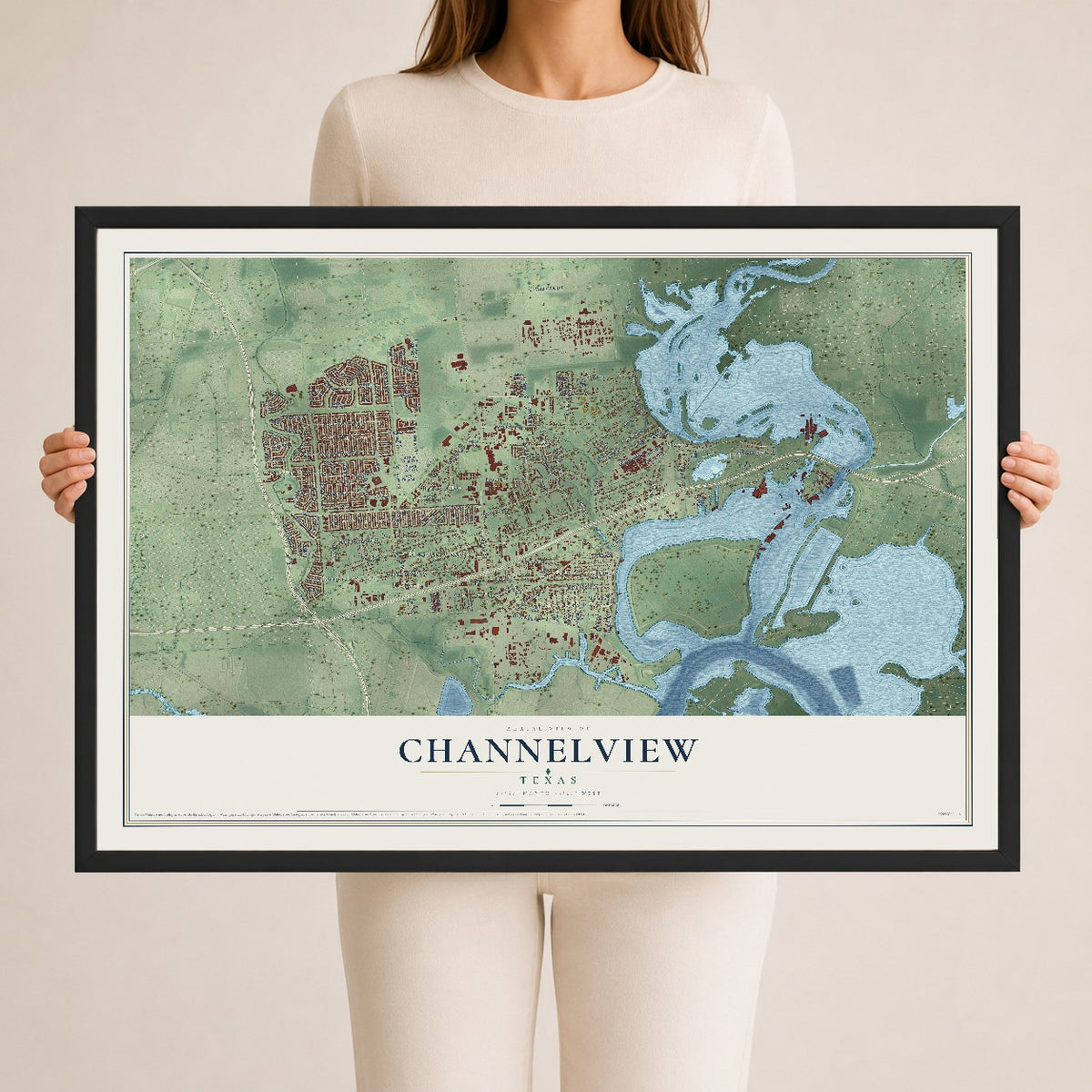 Map of Channelview, Texas, 24 x 36 inch print in a black wood frame