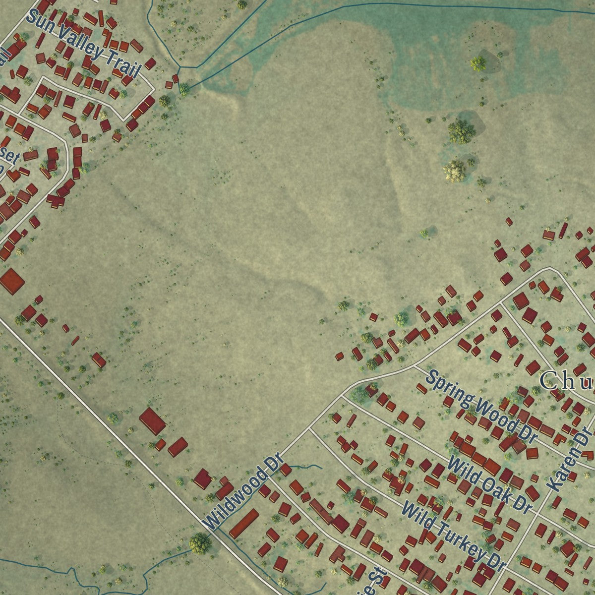 Second close-up of the map of Chula Vista, Texas print showing more streets and buildings