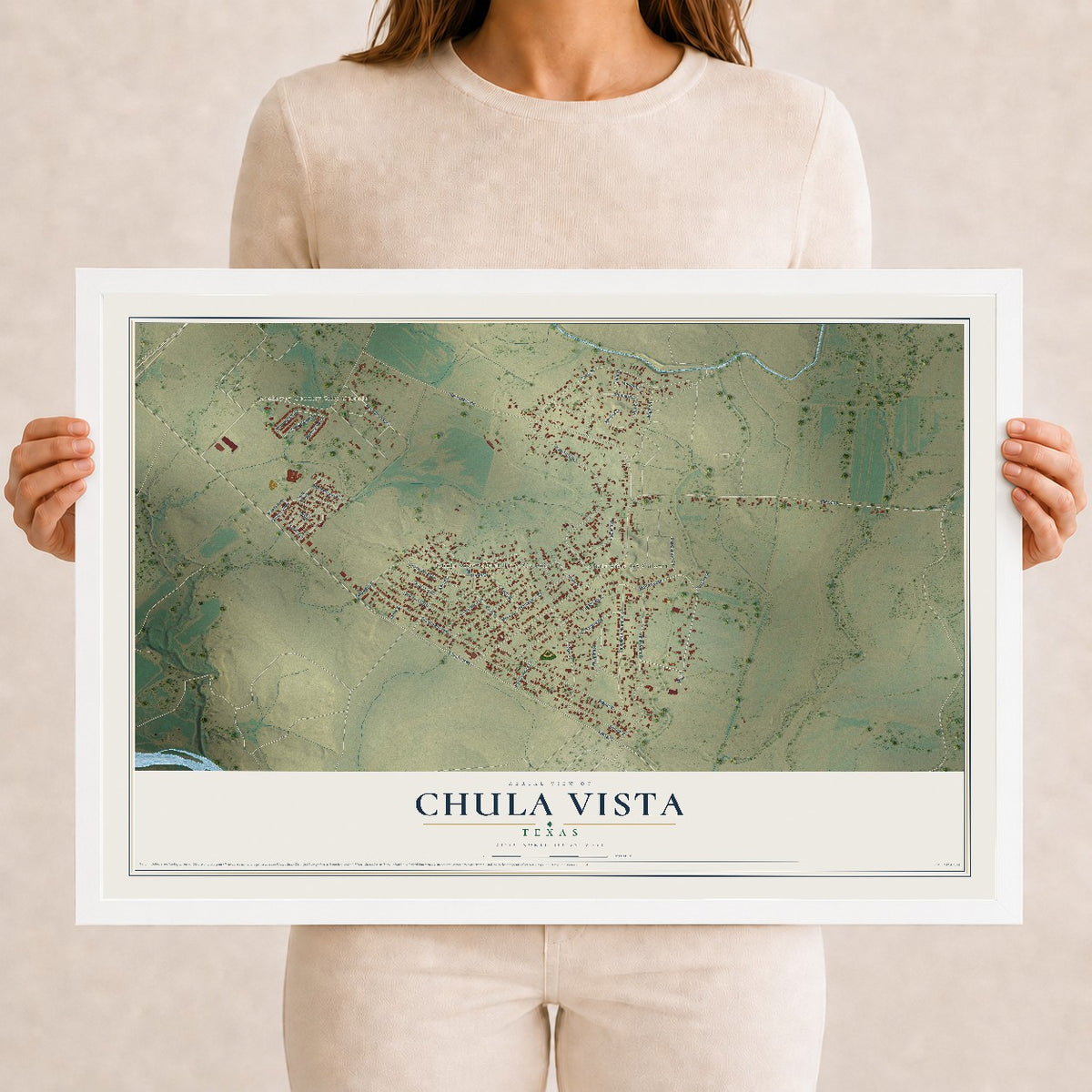 Map of Chula Vista, Texas, 12 x 18 inch print in a white wood frame