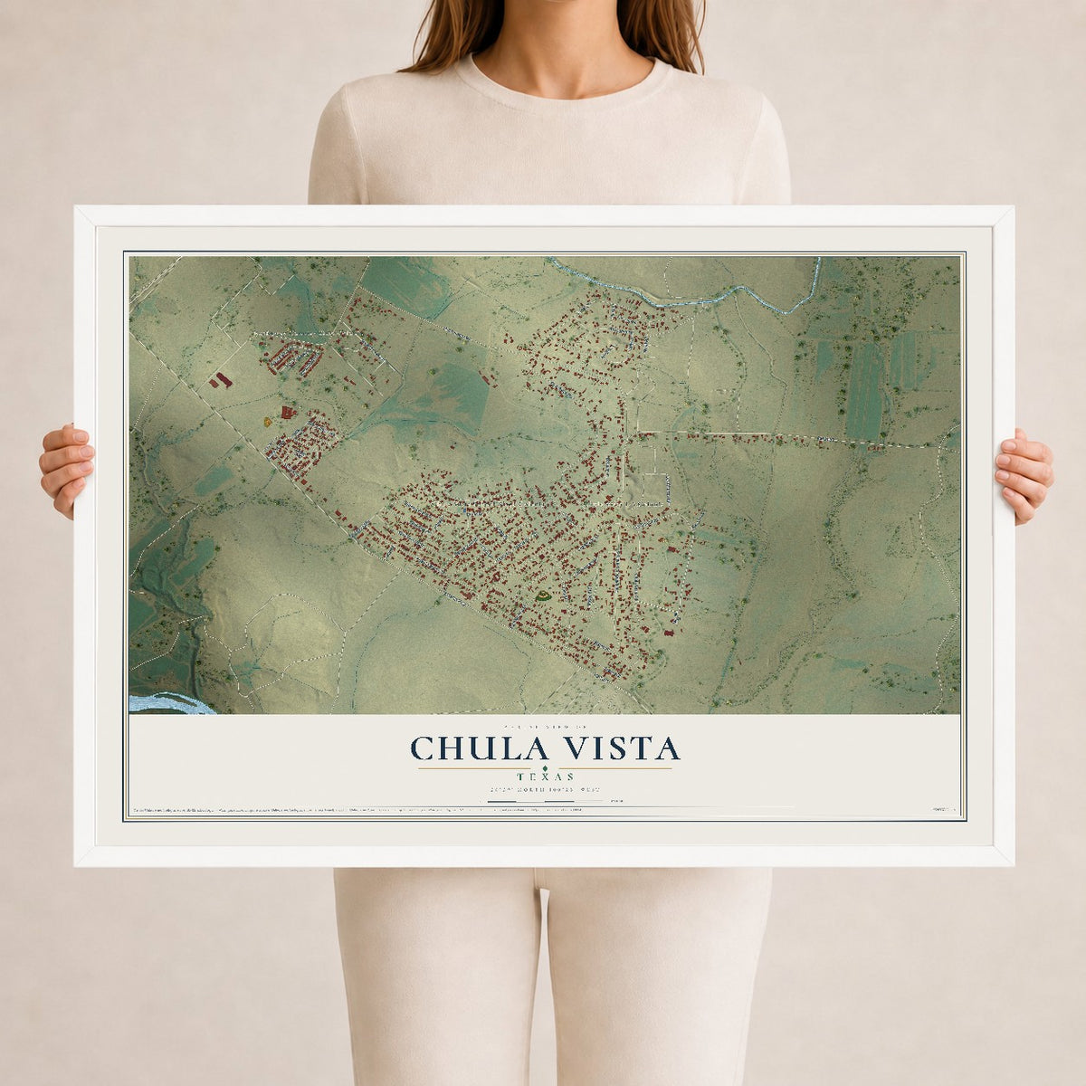 Map of Chula Vista, Texas, 24 x 36 inch print in a white wood frame