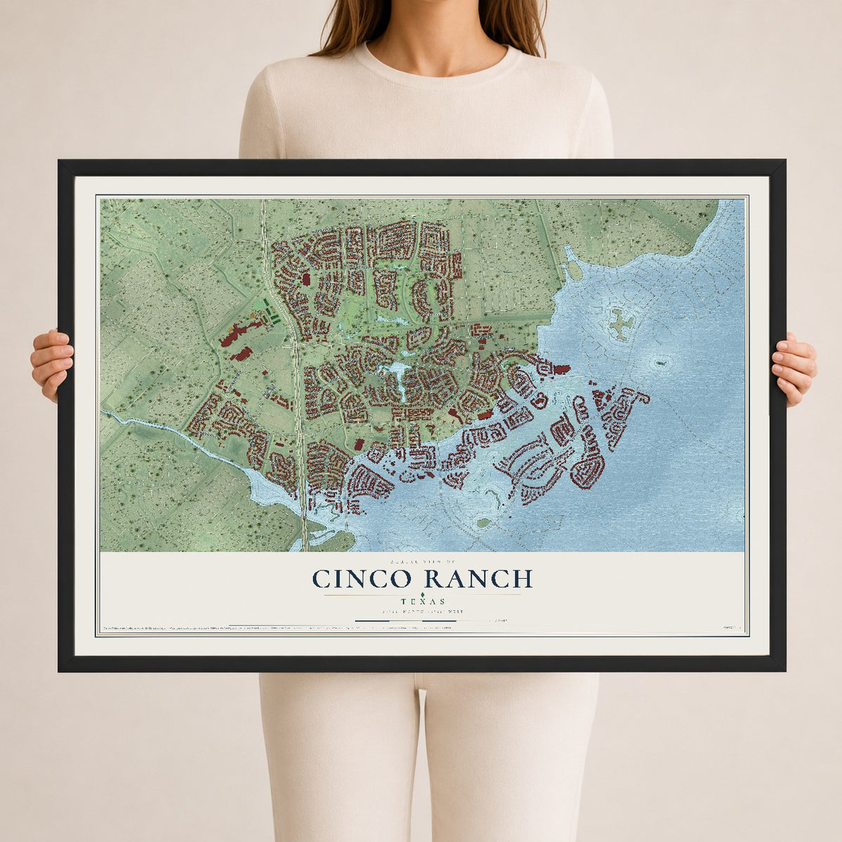 Map of Cinco Ranch, Texas, 24 x 36 inch print in a black wood frame