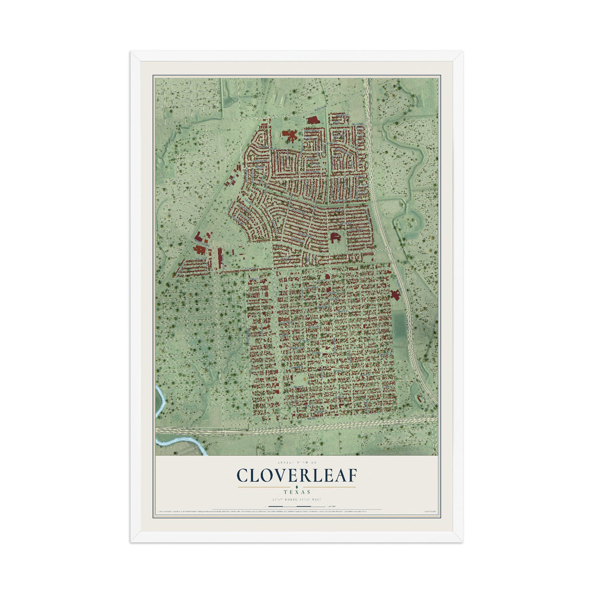 Map of Cloverleaf, Texas, 12 x 18 inch print in a white wood frame
