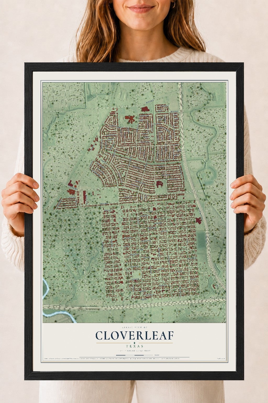 Map of Cloverleaf, Texas, 18 x 24 inch print in a black wood frame