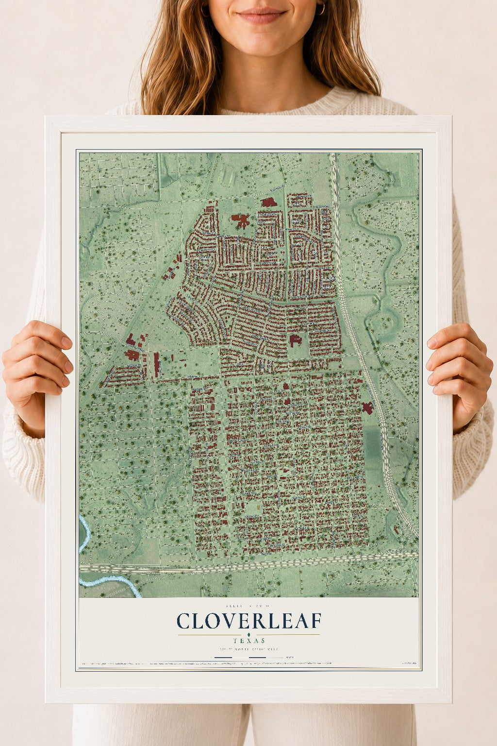 Map of Cloverleaf, Texas, 18 x 24 inch print in a white wood frame