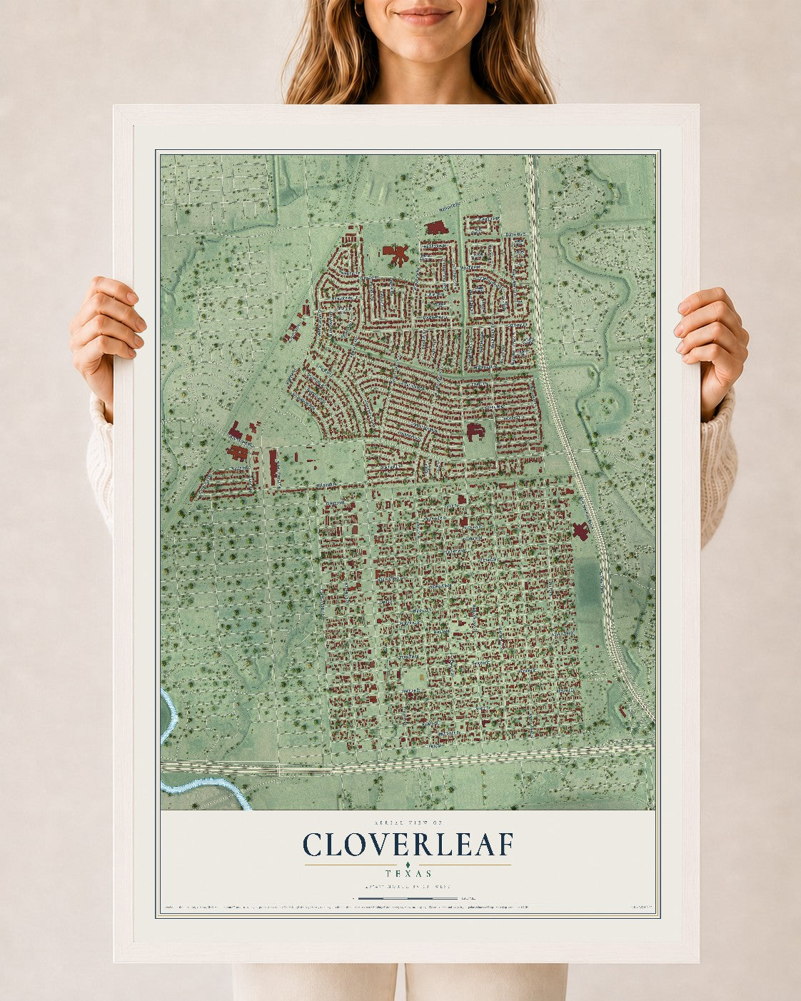 Map of Cloverleaf, Texas, 24 x 36 inch print in a white wood frame