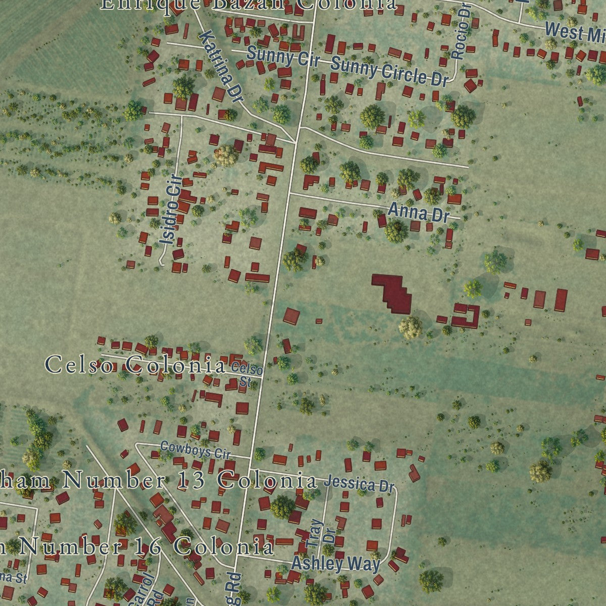 Close-up of the map of Doffing, Texas print showing street and building detail
