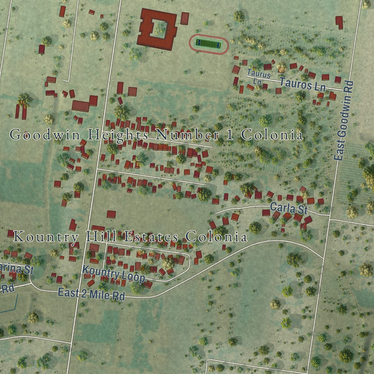 Second close-up of the map of Doffing, Texas print showing more streets and buildings