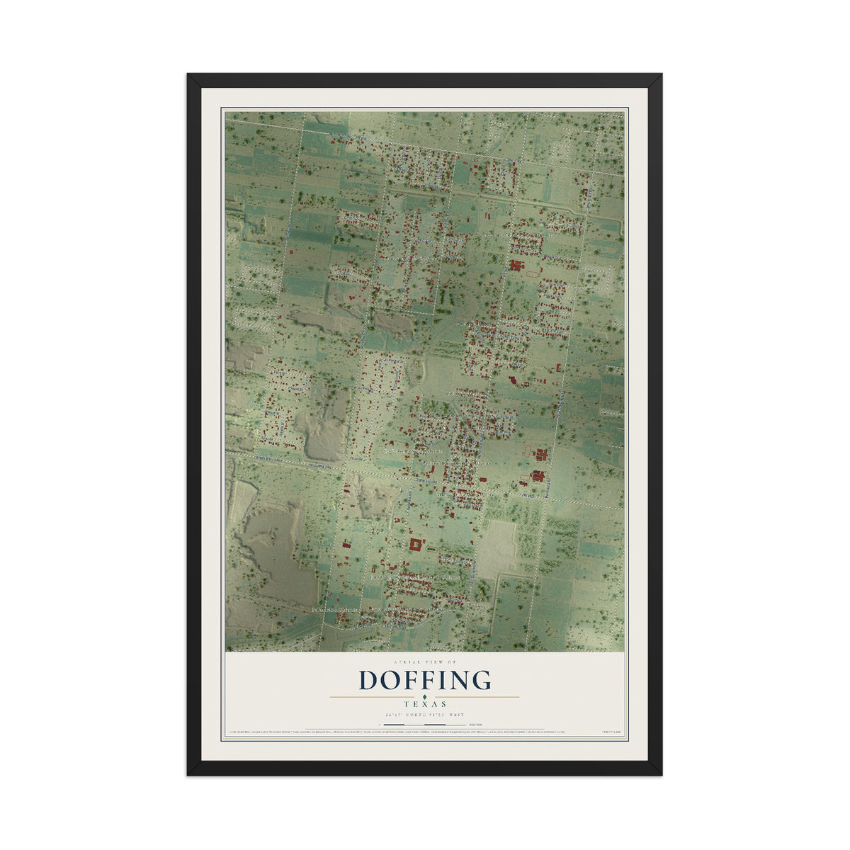Map of Doffing, Texas, 12 x 18 inch print in a black wood frame