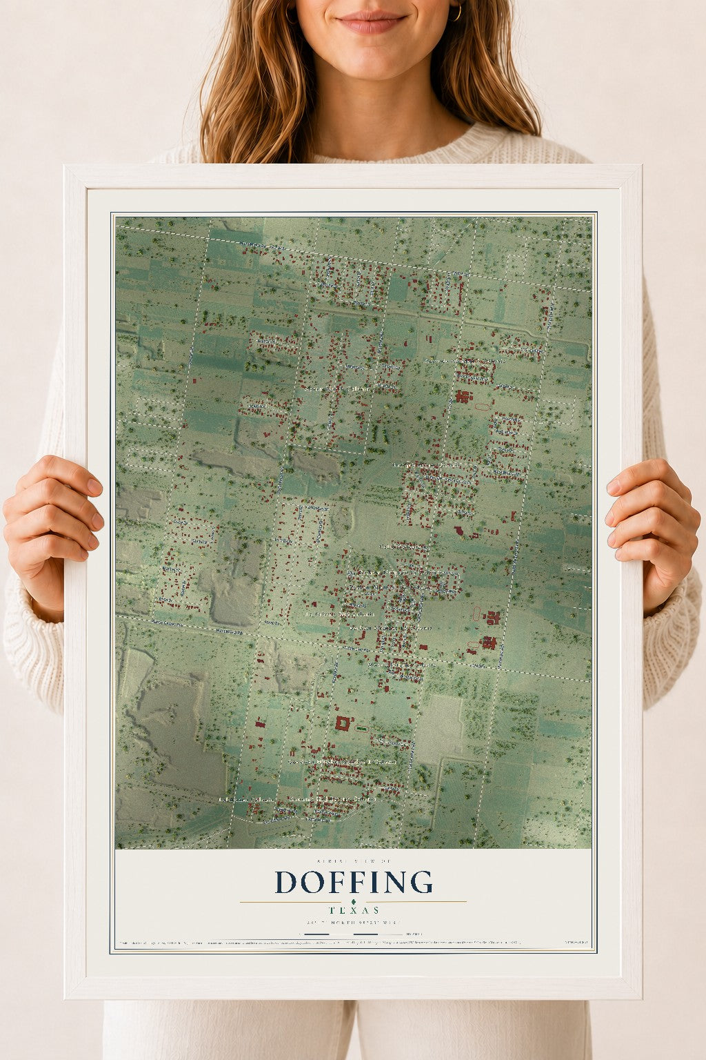 Map of Doffing, Texas, 18 x 24 inch print in a white wood frame