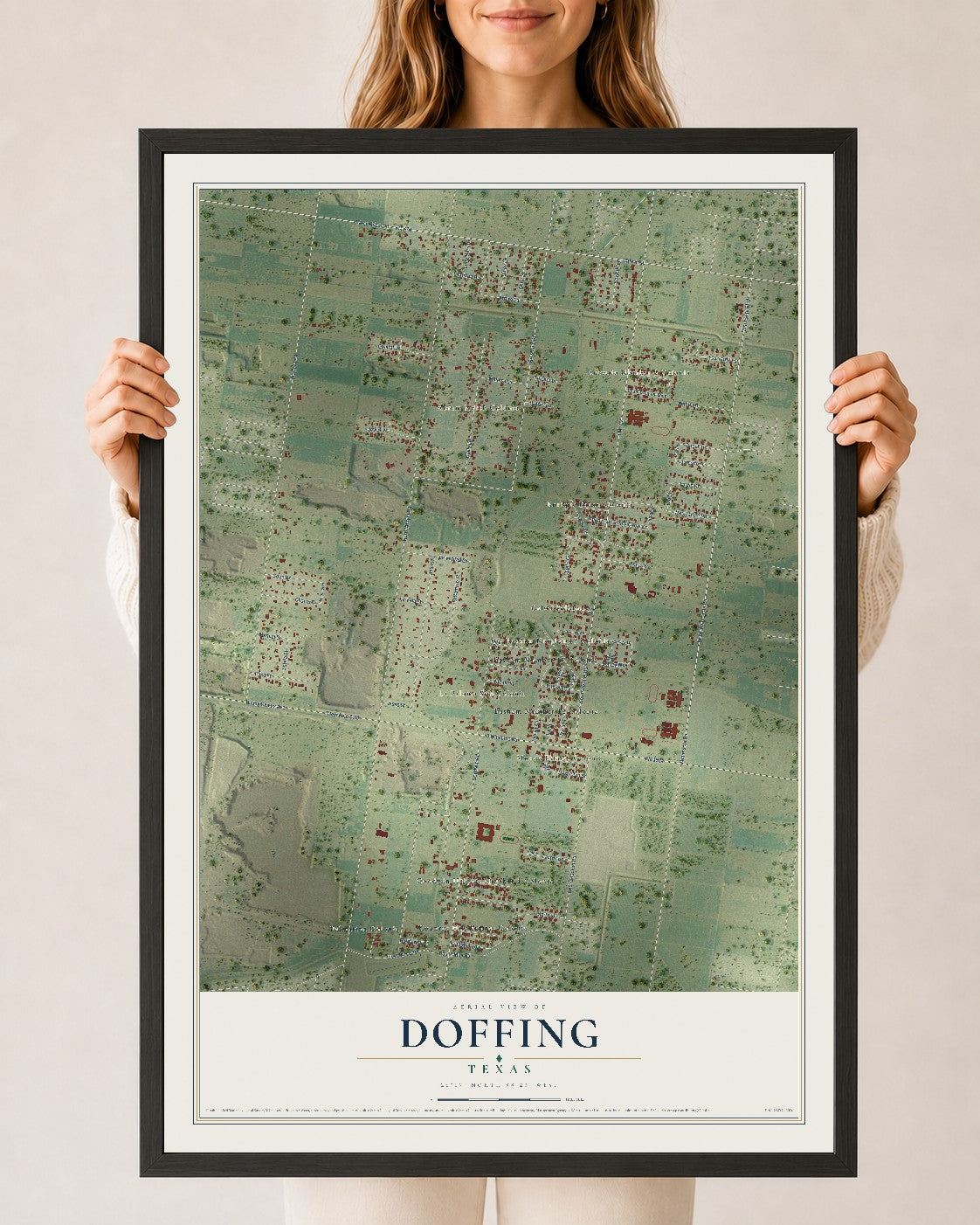 Map of Doffing, Texas, 24 x 36 inch print in a black wood frame
