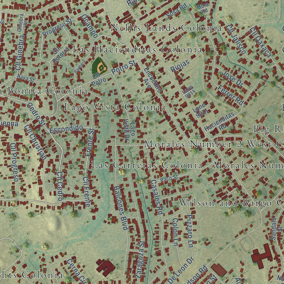 Close-up of the map of Eidson Road, Texas print showing street and building detail