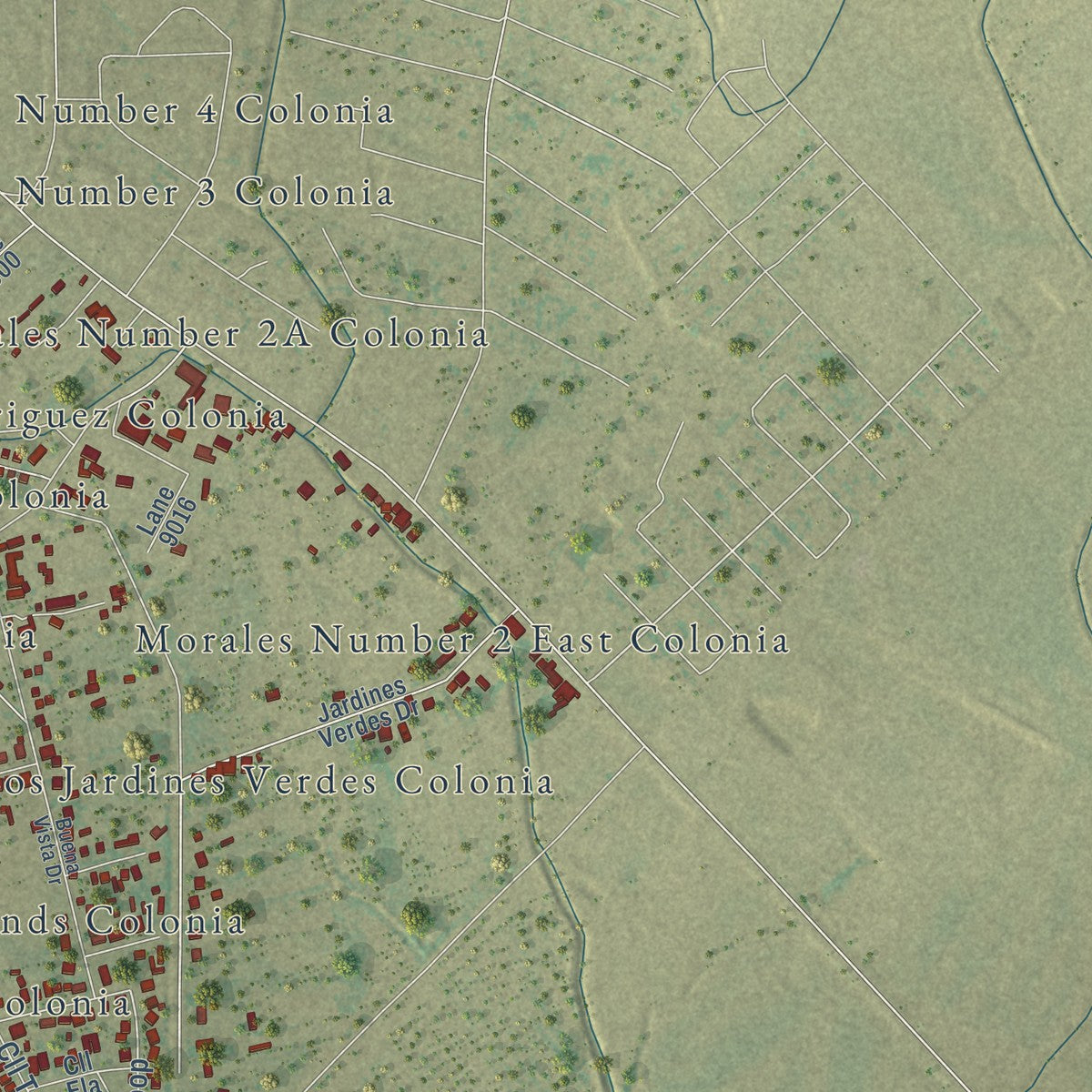 Second close-up of the map of Eidson Road, Texas print showing more streets and buildings