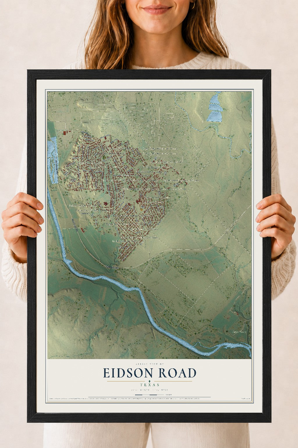 Map of Eidson Road, Texas, 18 x 24 inch print in a black wood frame