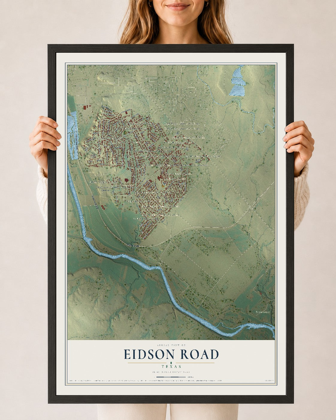 Map of Eidson Road, Texas, 24 x 36 inch print in a black wood frame