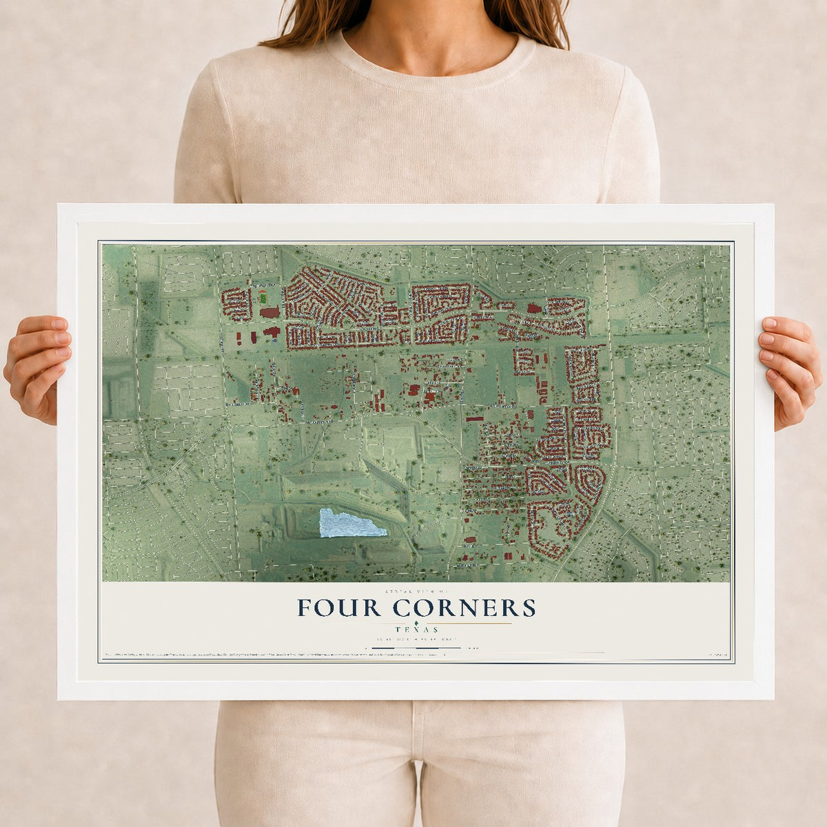 Map of Four Corners, Texas, 12 x 18 inch print in a white wood frame