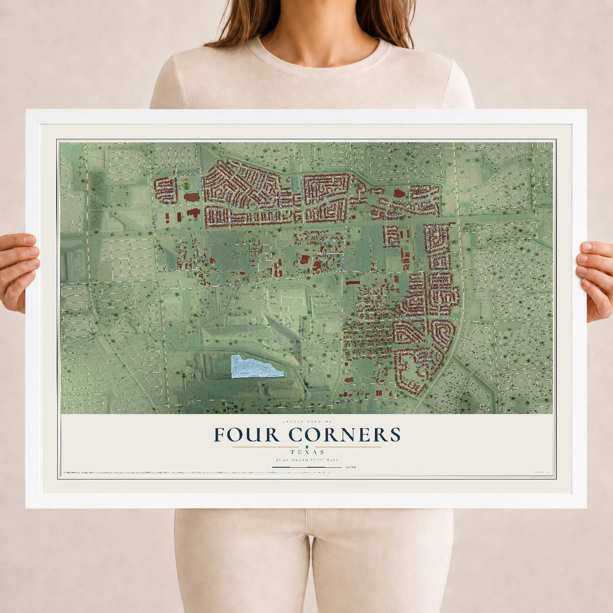 Map of Four Corners, Texas, 18 x 24 inch print in a white wood frame