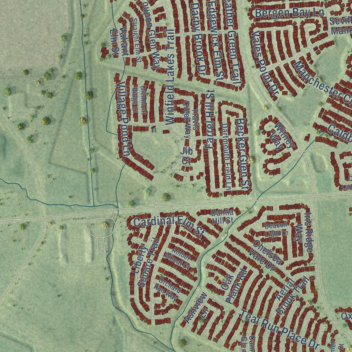 Second close-up of the map of Fresno, Texas print showing more streets and buildings