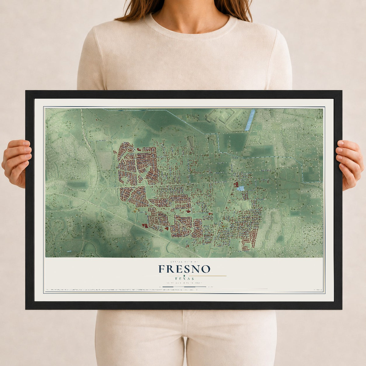 Map of Fresno, Texas, 12 x 18 inch print in a black wood frame