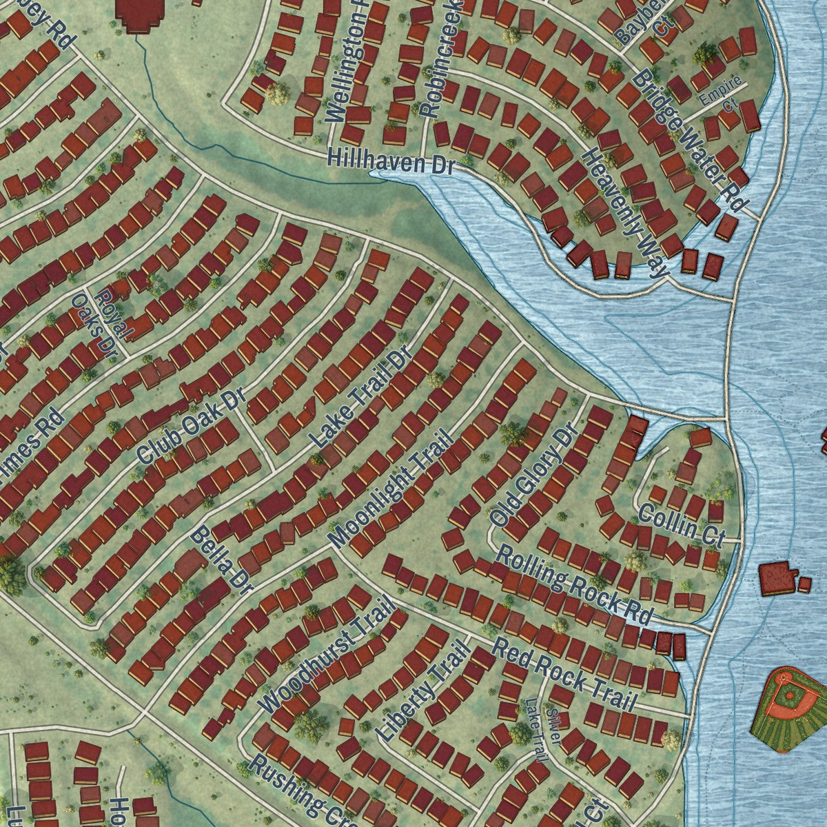 Close-up of the map of Heartland, Texas print showing street and building detail