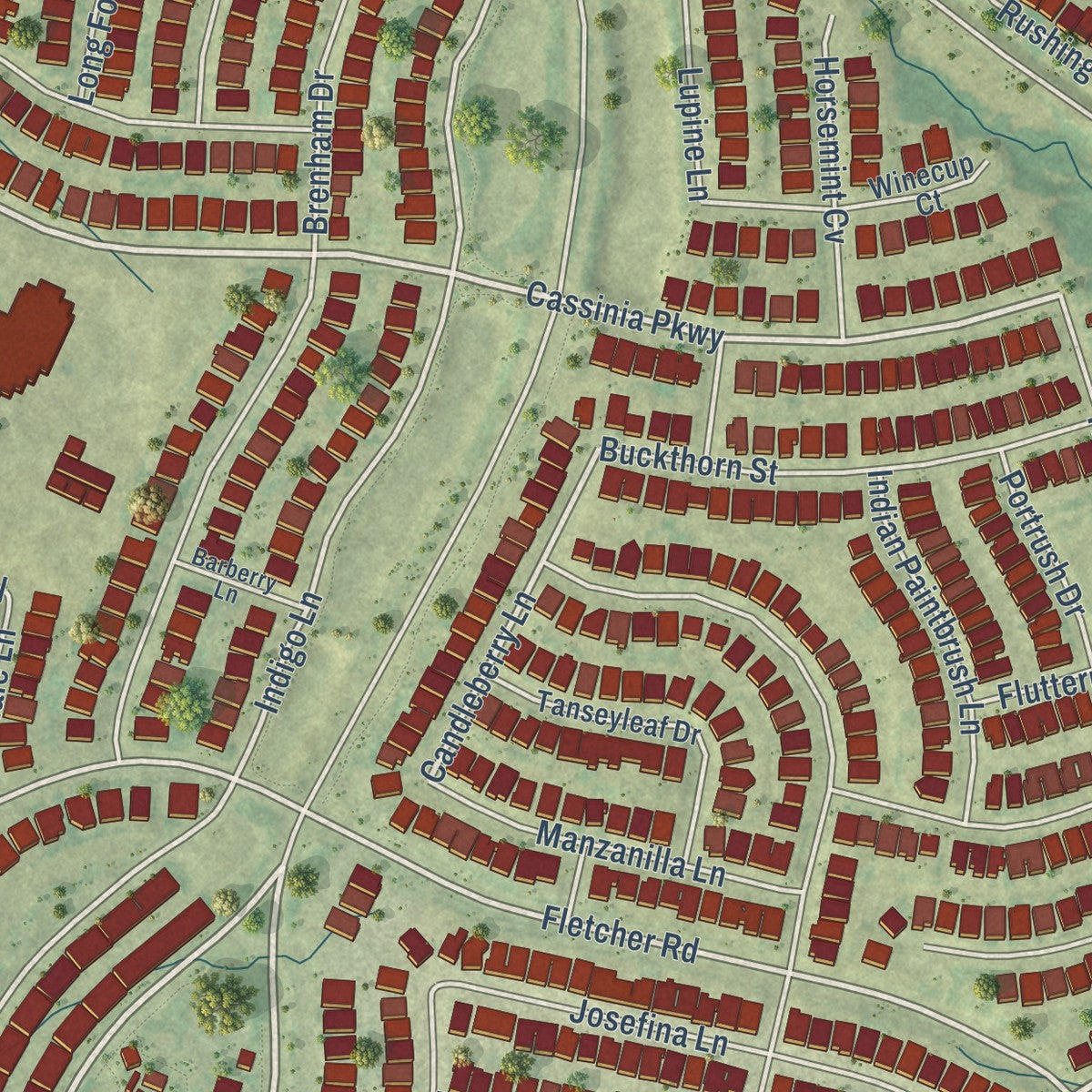 Second close-up of the map of Heartland, Texas print showing more streets and buildings