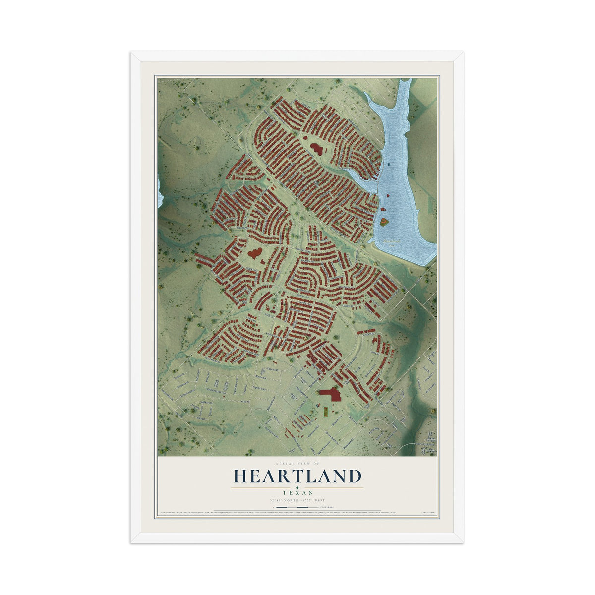 Map of Heartland, Texas, 12 x 18 inch print in a white wood frame