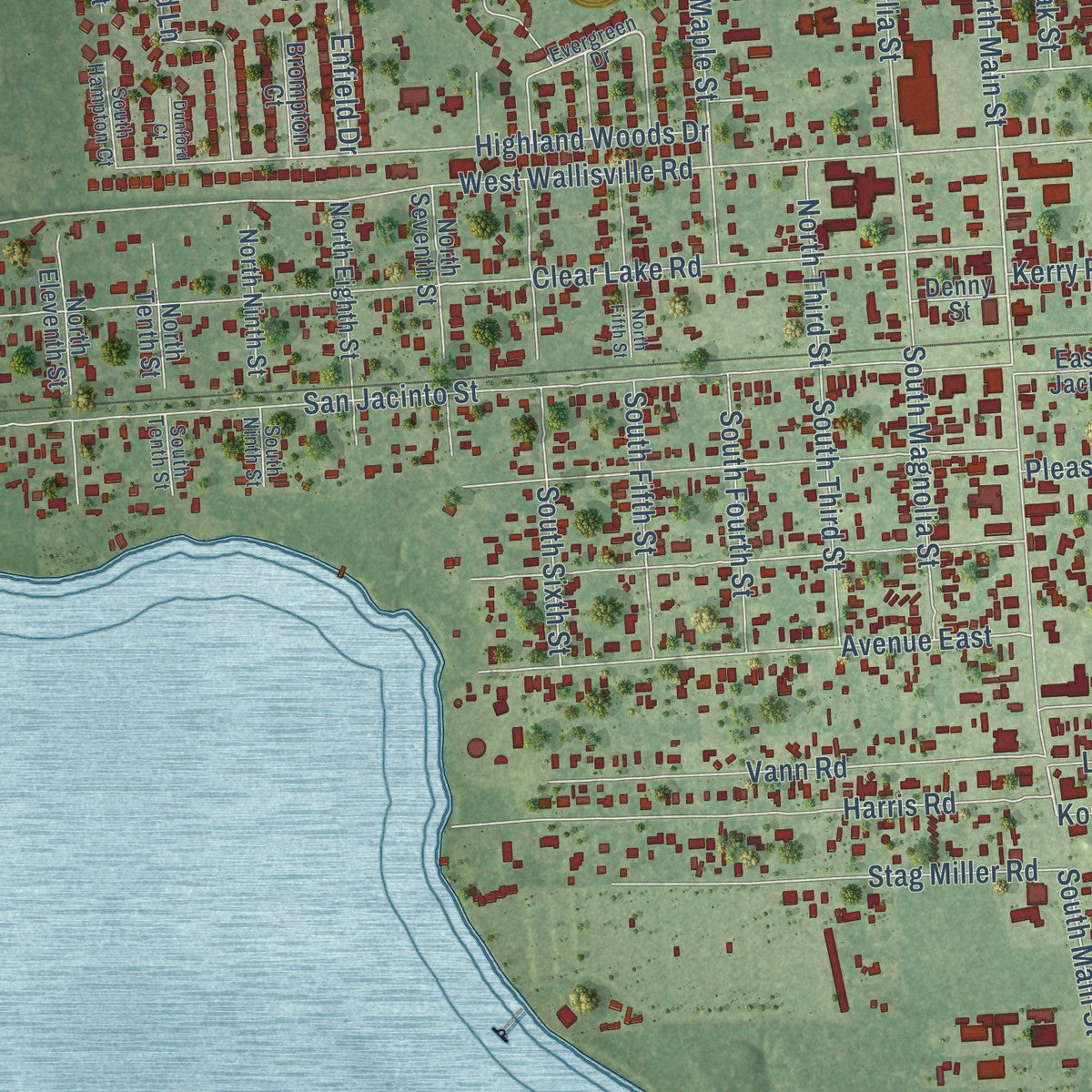 Close-up of the map of Highlands, Texas print showing street and building detail