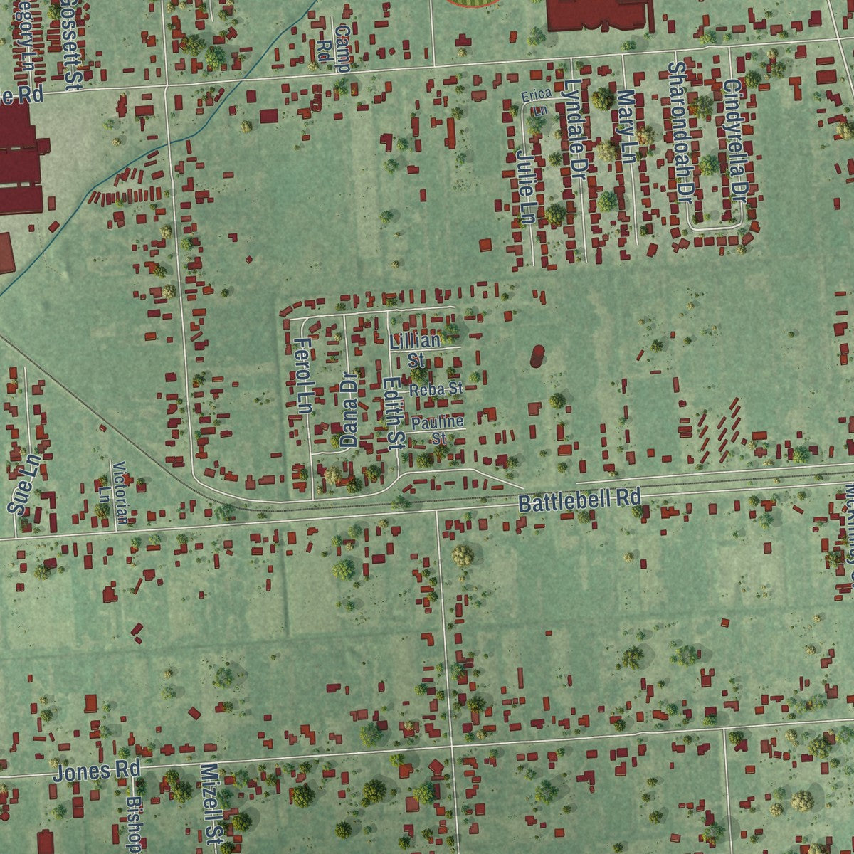 Second close-up of the map of Highlands, Texas print showing more streets and buildings