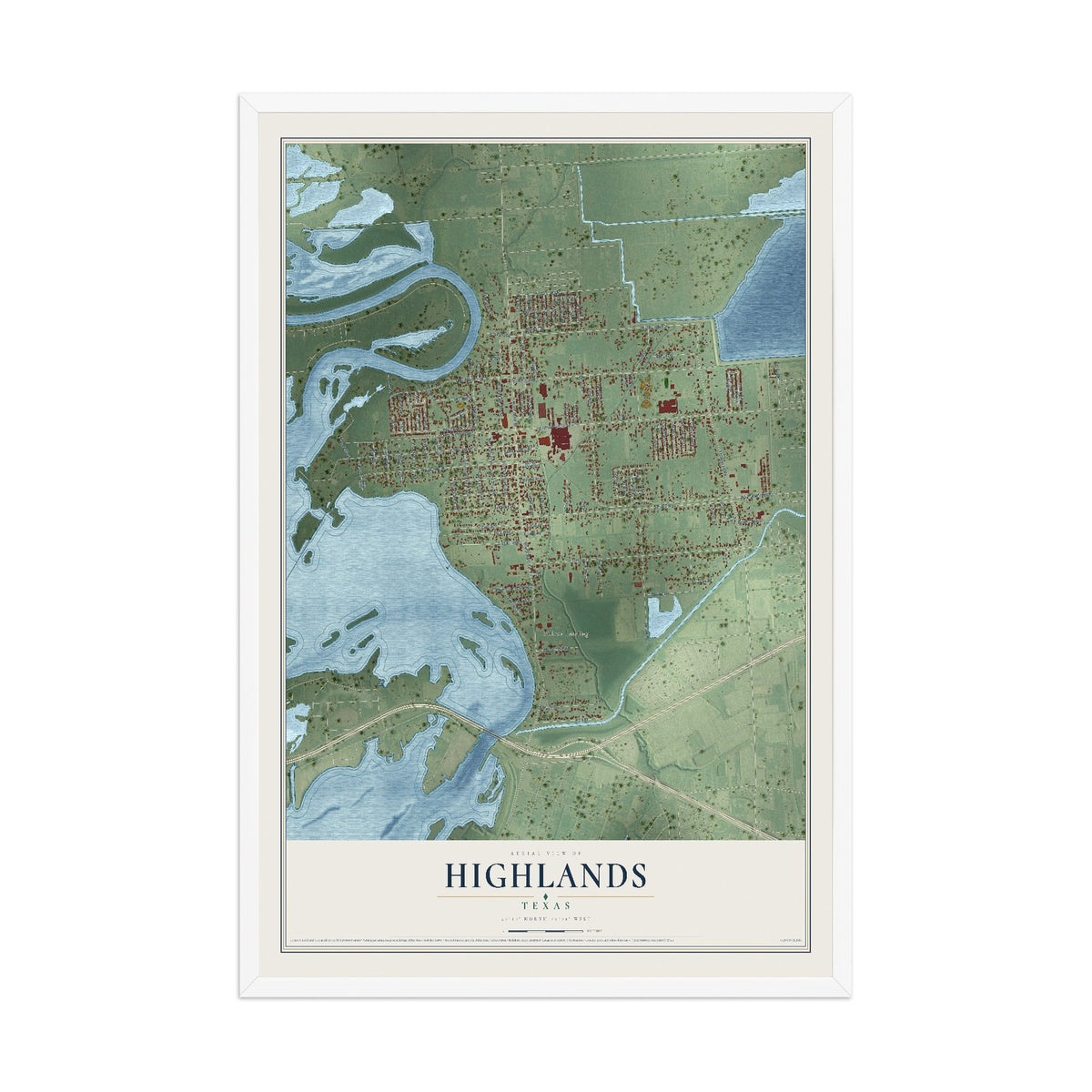 Map of Highlands, Texas, 12 x 18 inch print in a white wood frame