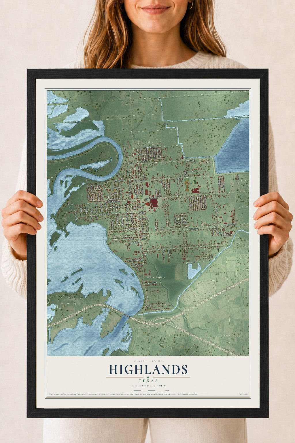 Map of Highlands, Texas, 18 x 24 inch print in a black wood frame