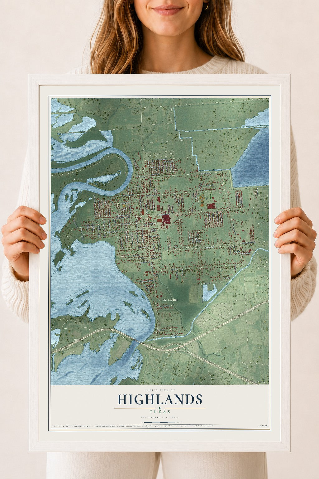 Map of Highlands, Texas, 18 x 24 inch print in a white wood frame