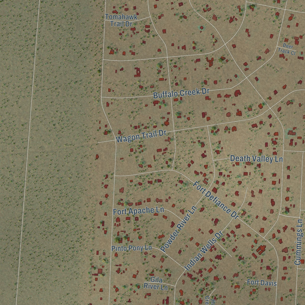 Close-up of the map of Homestead Meadows North, Texas print showing street and building detail