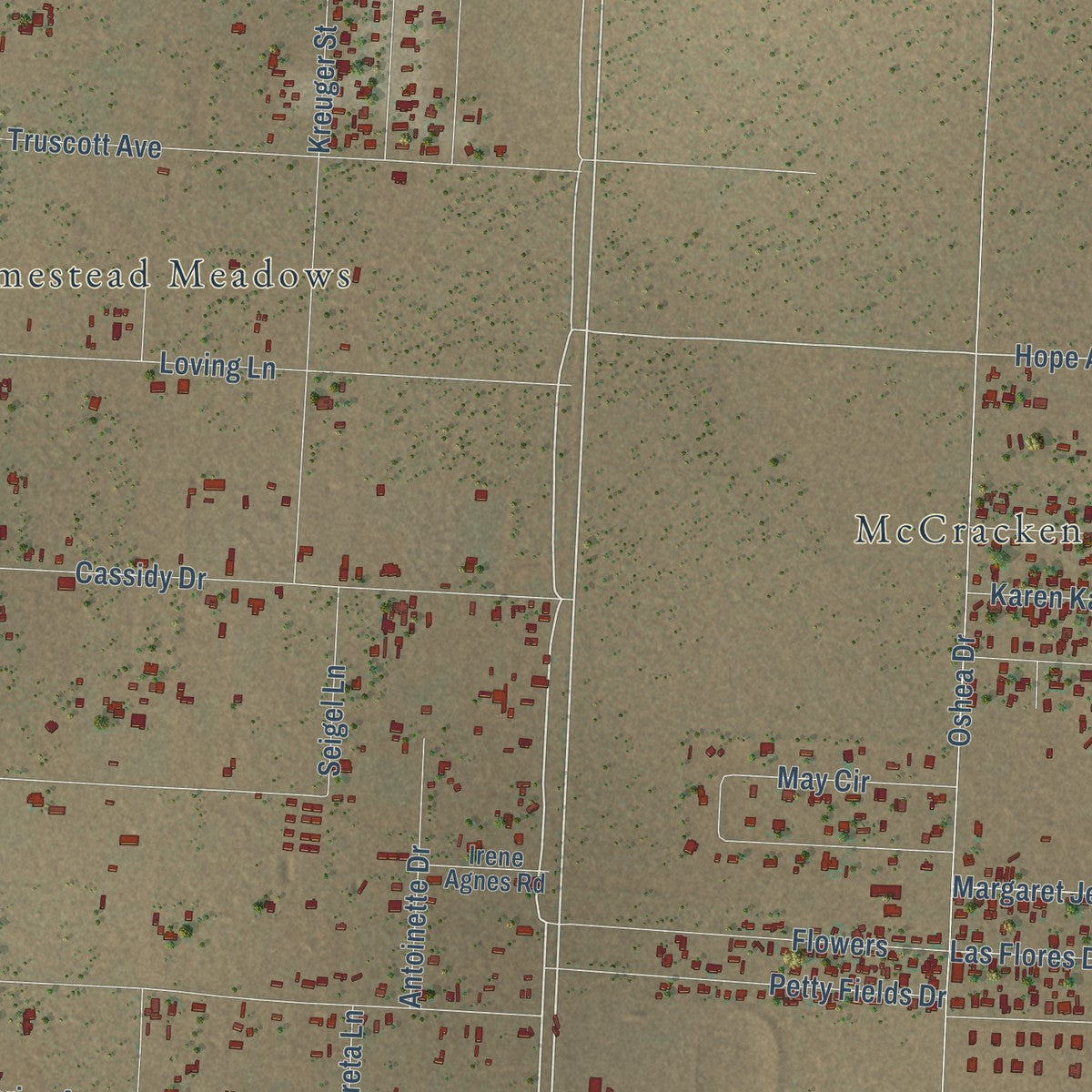 Second close-up of the map of Homestead Meadows North, Texas print showing more streets and buildings