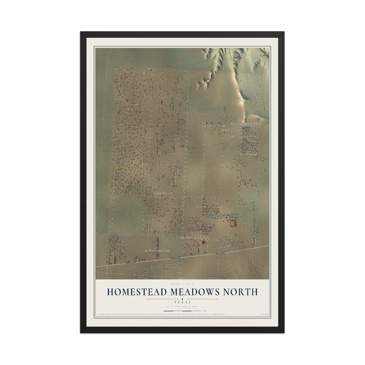 Map of Homestead Meadows North, Texas, 12 x 18 inch print in a black wood frame