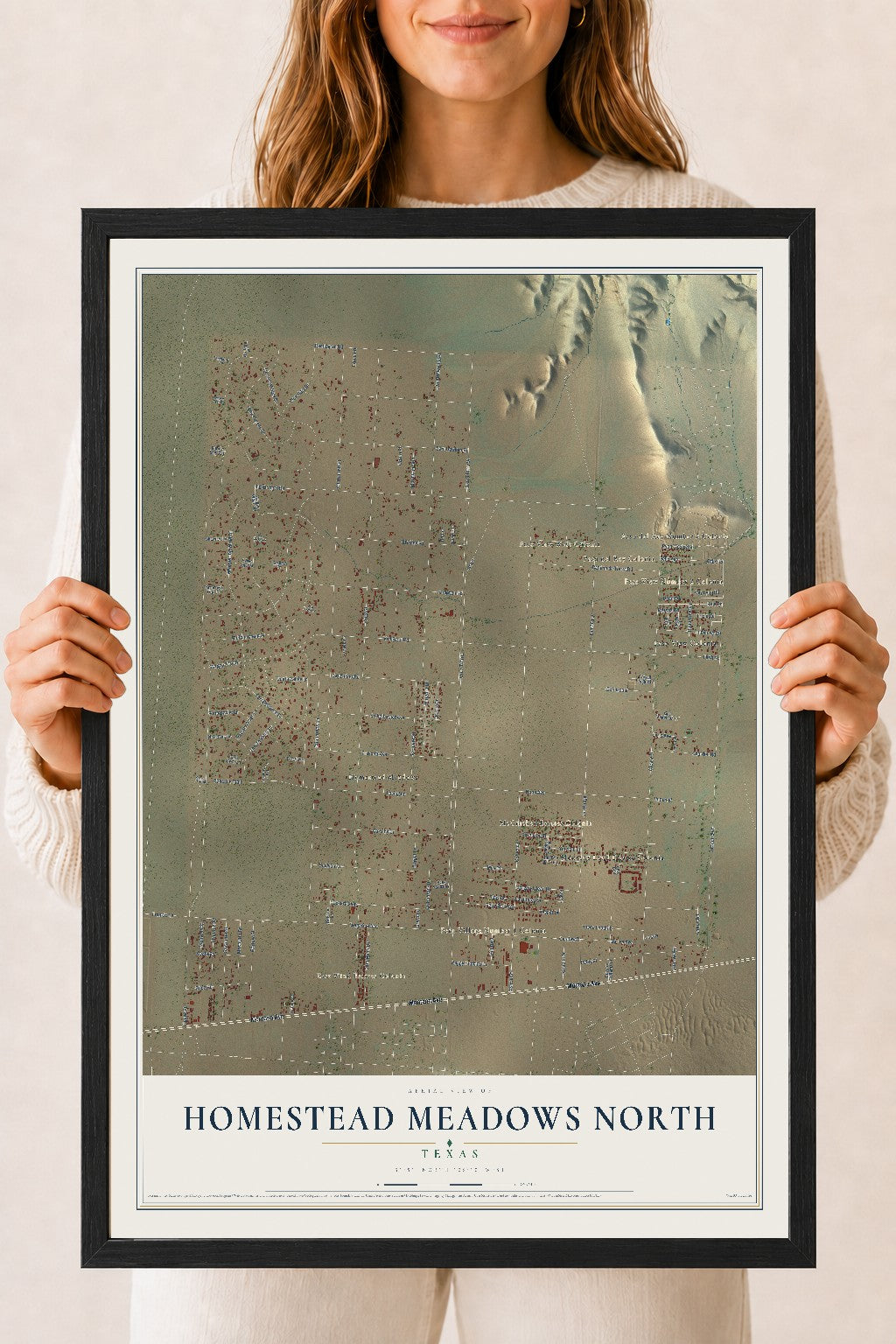 Map of Homestead Meadows North, Texas, 18 x 24 inch print in a black wood frame